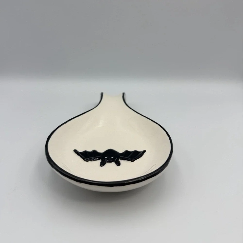 Halloween Bats Black White Ceramic Spoon Rest Spooky Fun 9.5
